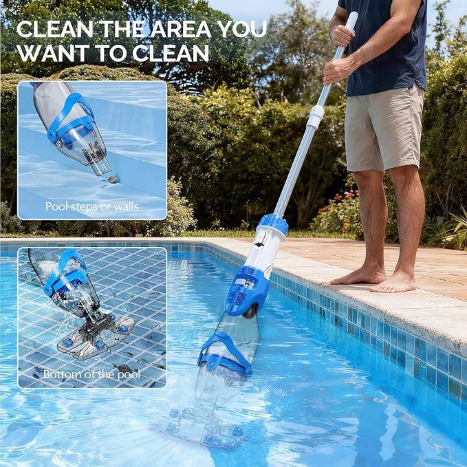 VINGLI Pool Vacuum for Above Ground Pools, 40W 18.5GPM Suction, 60 Mins Runtime, 1.5H Fast Charging, 29.3-71inch Telescopic Pole, Ideal for Leaves & Debris Deep Cleaning