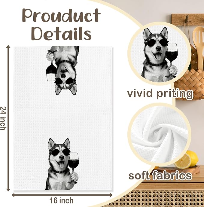 Funny Husky Kitchen Towels Set of 2, Dog Kitchen Bar Accessories, Dog Chef Gifts for Women Decorative Hand Towels for Kitchen Decor, Husky Lovers Dish Tea Towel, 16x24 Inch