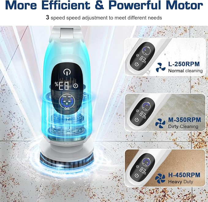 Electric Spin Scrubber, 200Mins Runtime Bathroom Scrubber with 3-Speed & LCD Display, Full-Body IPX7 Shower Scrubber with 8 Heads for Bathtub Kitchen Floor Grout, 53IN Extendable Handle