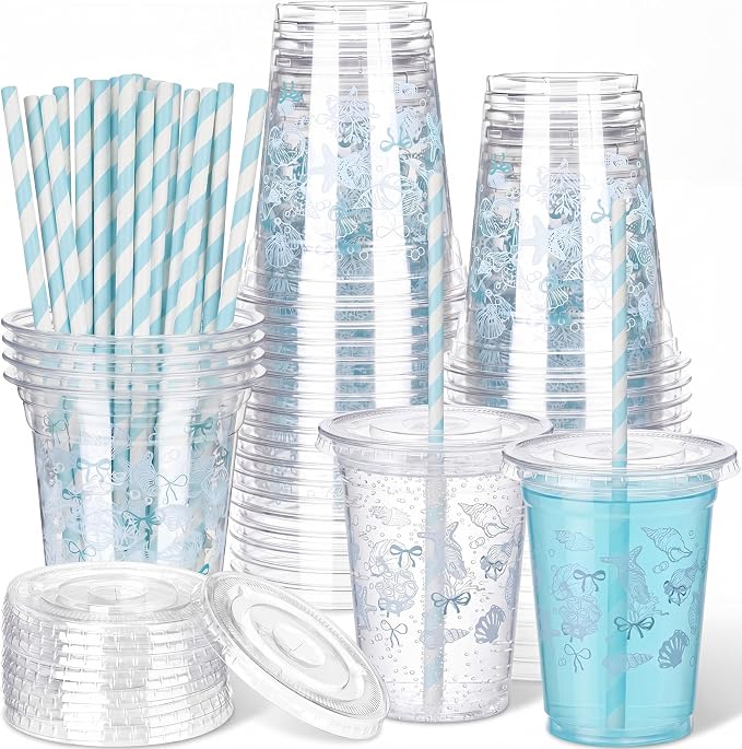 Domensi 25 Sets Seashell Themed Plastic Cups with Lids and Paper Straws 12oz Blue Ocean Disposable Drinking Cups Bulk for Cold Drinks Baby Shower Wedding Summer Theme Birthday Party Supplies