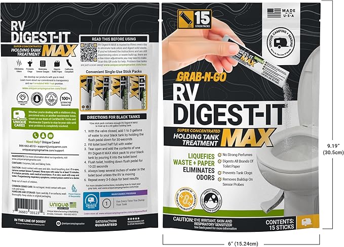 Unique RV Digest-It Max RV Toilet Treatment Stick Packs, 15 Count, No-Mess, Pre-Measured, Grab-N-Go Black Holding Tank Treatment, Liquifies Waste and Paper, Odor Eliminator