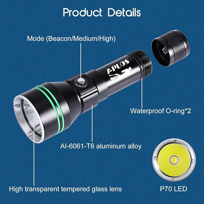 APLOS AP50 Scuba Diving Flashlight, Dive Torch 5000 Lumen Super Bright Flash Lights, IPX8 Underwater Waterproof Night Dive Torch 110 Meters Submersible Light