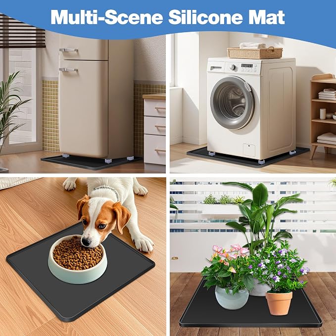 ToLanbbt Mini Fridge Silicone Mat with 4 Base Raisers - 24" x 24" x 0.8" Mini Fridge Drip Tray Under Refrigerator Mat Carpet Floor Protector Leak-Resistant Portable AC Pan for Washing Machine, Black