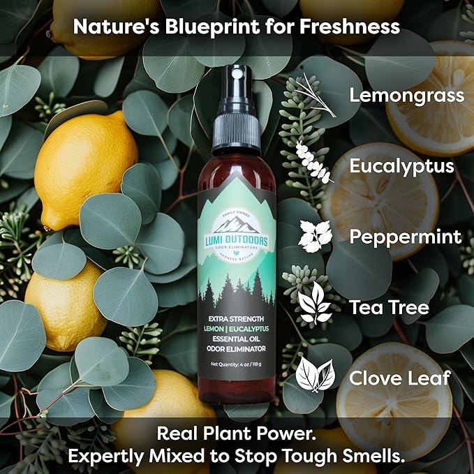 Lumi Outdoors Natural Shoe Deodorizer Spray (700+ Sprays) - Extra Strength Shoe Odor Eliminator for Smelly Shoes & Foot Odor - Replaces Shoe Balls & Inserts - Lemon Eucalyptus