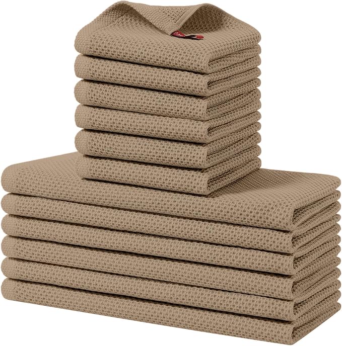 Homaxy 100% Cotton Kitchen Towels and Dishcloths Set, 12 x 12 Inches and 13 x 28 Inches, Set of 12 Bulk Kitchen Towels Set, Ultra Soft Absorbent Dish Cloths for Washing Dishes, Tan