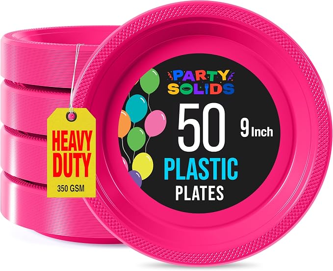 Exquisite Party Solids Cerise Plastic Plates For Party Supplies 9" Cerise Disposable Plates Heavy Duty 50 Pcs Plastic Dinnerware Sets Heavy Duty 350 GSM Disposable Dinnerware Set