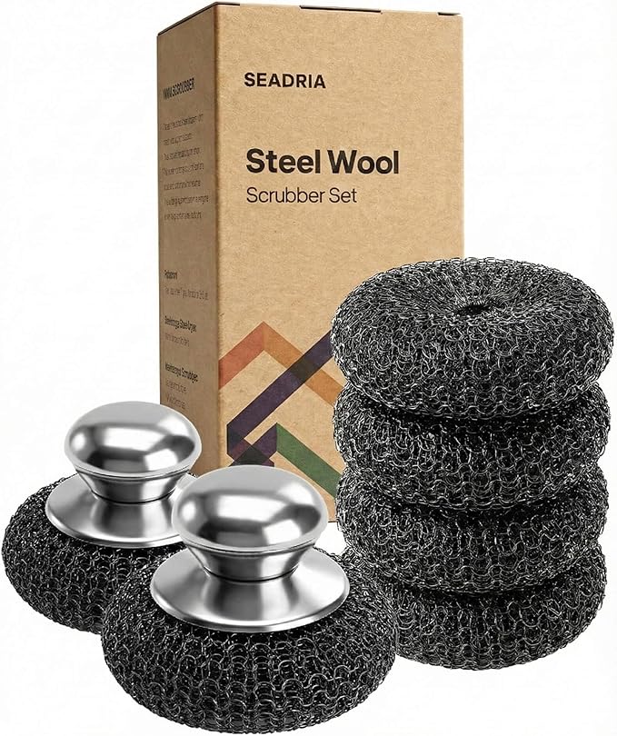 8 Pcs Stainless Steel Wool Scrubber with 2Pcs Handle - Heavy Duty Metal Sponge Scouring Pad for Cast Iron Skillet, Grill & Pots - Rust-Resistant Kitchen Dish Scrubber, Protects Hands & Nails