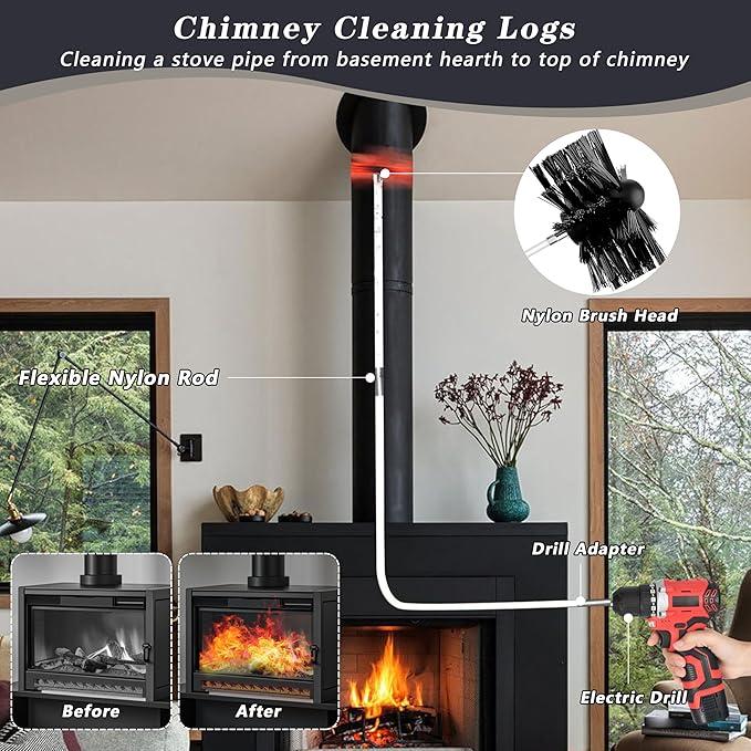 Chimney Sweep Kit Chimney Brush Kit Chimney Cleaning Kit, 16FT Dryer Vent Cleaner Kit Duct Cleaning Tools, Dryer Vent Cleaning Kit Fireplace Chimney Brushes-12pcs Flexible Rods, 2pcs 6in Chimney Brush