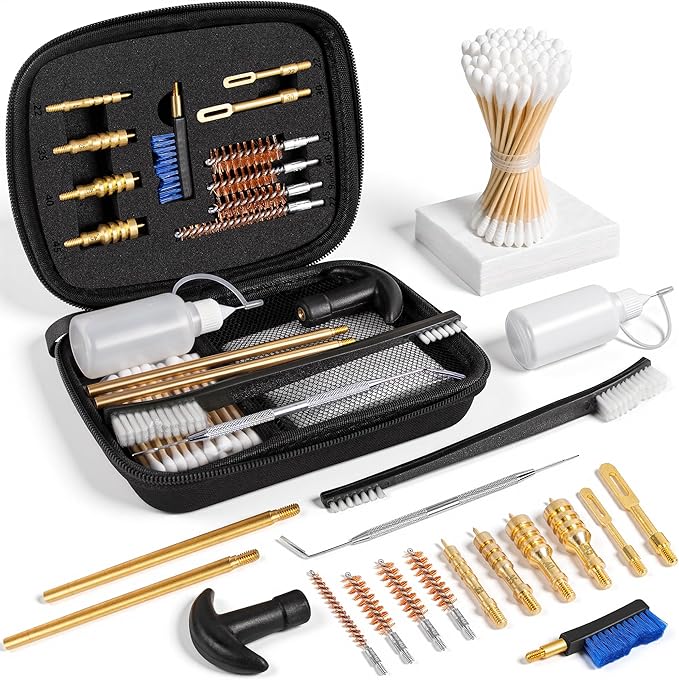 GLORYFIRE Universal Gun Cleaning Kit Fits .22 .357/9mm .38 .40 .45 Cal Handguns & Pistols Compact Carrying Case for Portability Multiple Styles with Brass or Plastic Jags & Tips for Shooting and Range
