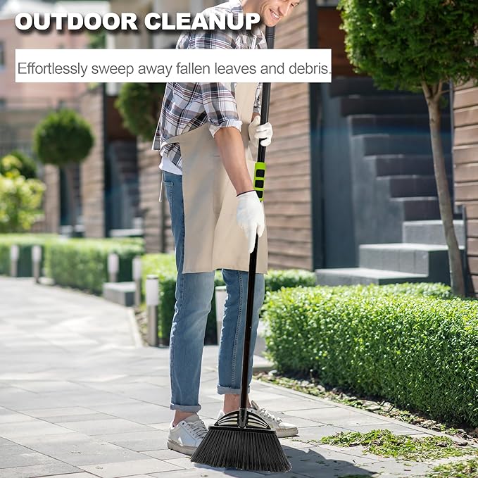Four-Section Rod Long-Handled Broom,Heavy-Duty Broom, Angle Broom for Outdoor/Indoor（Black+Green4）