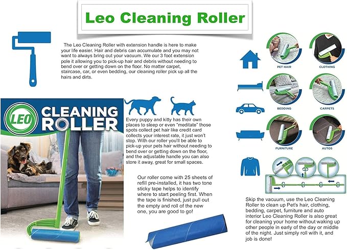 Leo Large 10-Inch Wide Lint Roller Refills 325 Sheets with extendable Handle to 45 inch for Lint Removers Household Cleaning Easily Remove Pet Hair Dust and Debris from Floors Carpets and Furniture
