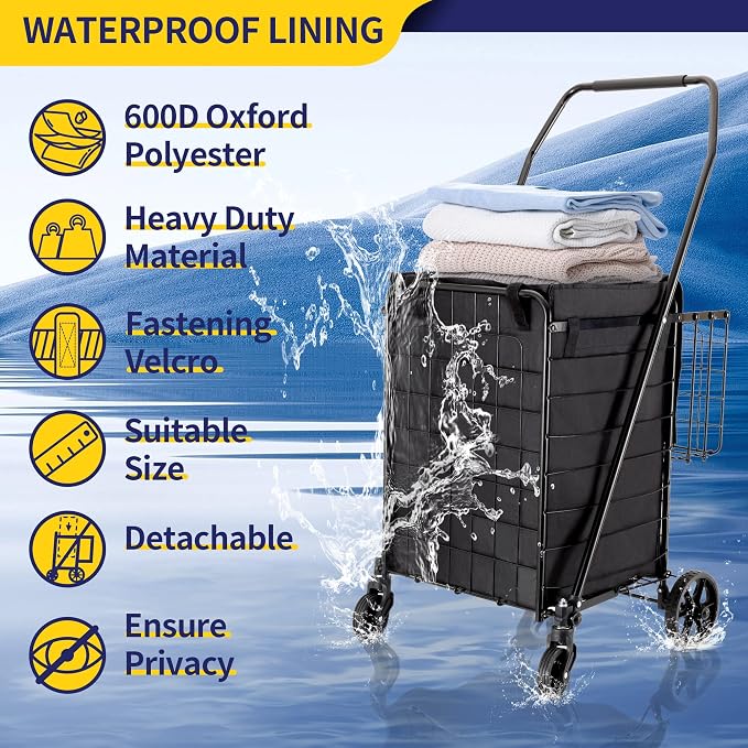 BIEAMA Folding Shopping Cart with Waterproof Liner, Grocery Cart 200 Lb | Utility Cart with Large Bag, Top Cover, 360 Rolling Swivel Wheels, Extra Basket