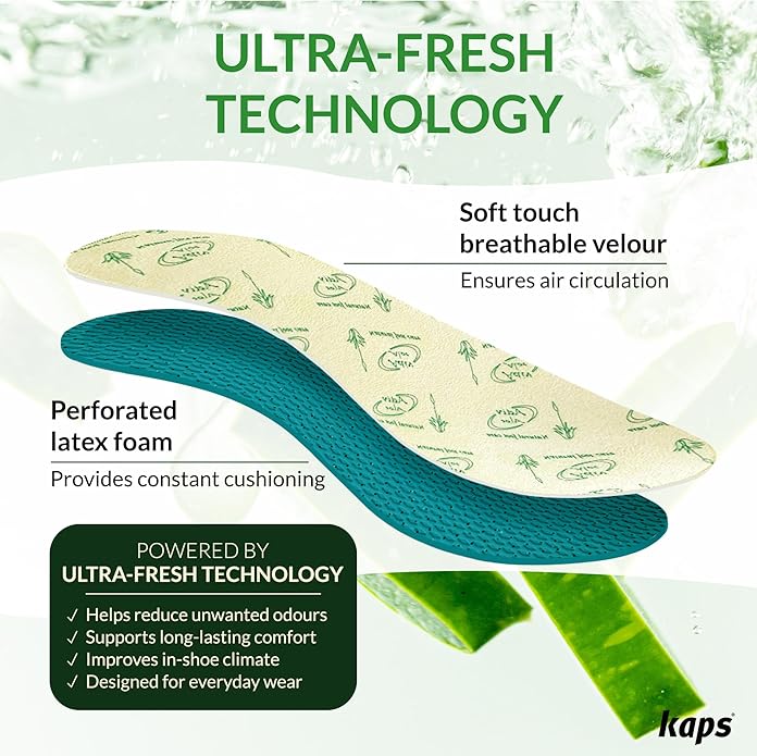 Kaps Adult Insoles with Shoe Odour Eliminator – Ultrafresh Shoe Insoles for Women & Men – Soothing Aloe-Infused for Boots, Sneakers, & Formalwear – Shoe Fresheners & Insoles