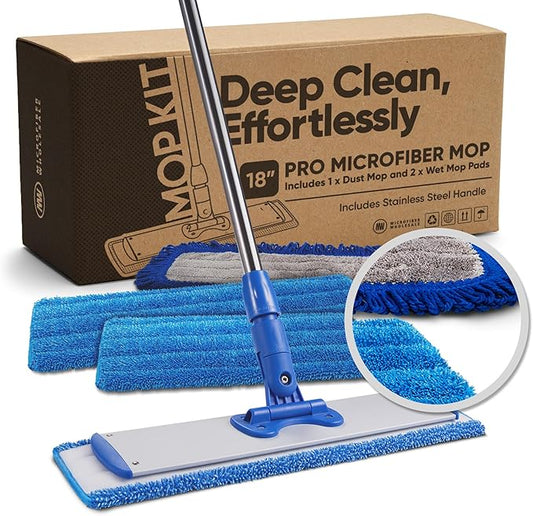 Microfiber Wholesale 18 Inch Professional Microfiber Mop | 4-Piece Stainless Steel Handle | Wet Dry Flat Mop Kit for Hardwood, Laminate, Tile, Vinyl Floors | 3 Washable Pads | Floor Cleaning System