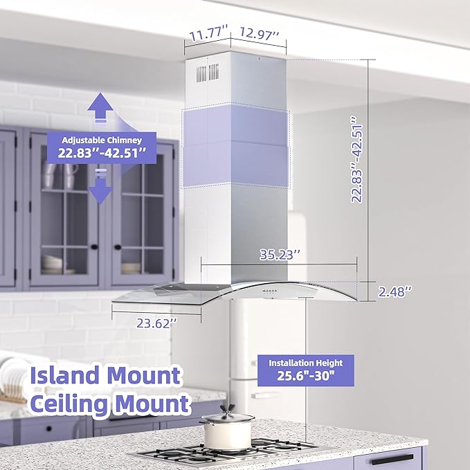 FIREGAS Island Range Hood 36 inch, 700 CFM Ceiling Mount Kitchen Vent Hood Ducted/Ductless Convertible,3 Speed Fan，4 Lights,Permanent Baffle Filters Stainless Steel Stove Hood