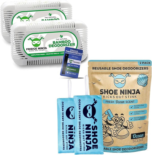 Earth Ninja Home & Shoe Deodorizer Bundle – Fridge Ninja (2 Pack) + Shoe Ninja (2 Pack) – Natural Activated Charcoal Odor Eliminators – Long-Lasting, Reusable Odor Absorbers for Fridge, Shoes, Gym Bag