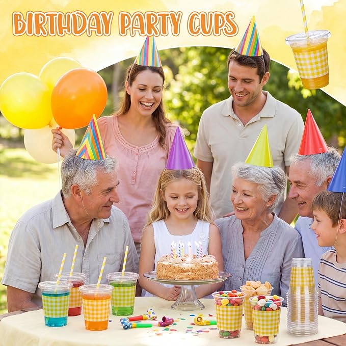 Domensi 25 Sets Yellow and White Gingham Plastic Cups with Lids and Paper Straws 12oz Checkered Party Disposable Cup Bulk Drinking Cup for Cold Drink Baby Shower Wedding Birthday Summer Party Supplies