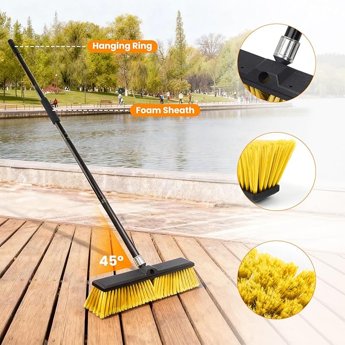 6 Pack 18" Push Broom Outdoor, Heavy Duty Broom with 62" Long Handle, Stiff Bristle Garage Broom for Patio Deck Driveway Concrete Floor Shop Warehouse Cleaning
