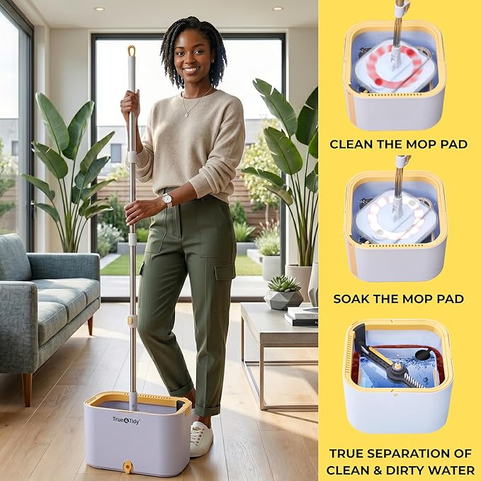 True & Tidy® TrueClean Spin Mop 2.0 w/Detachable Inner Bucket, Self Standing, Separates Clean and Dirty Water, Foldable Square Mop Head, Triple Jet Stream w/Hidden Brush, Replaceable 2pc Pads