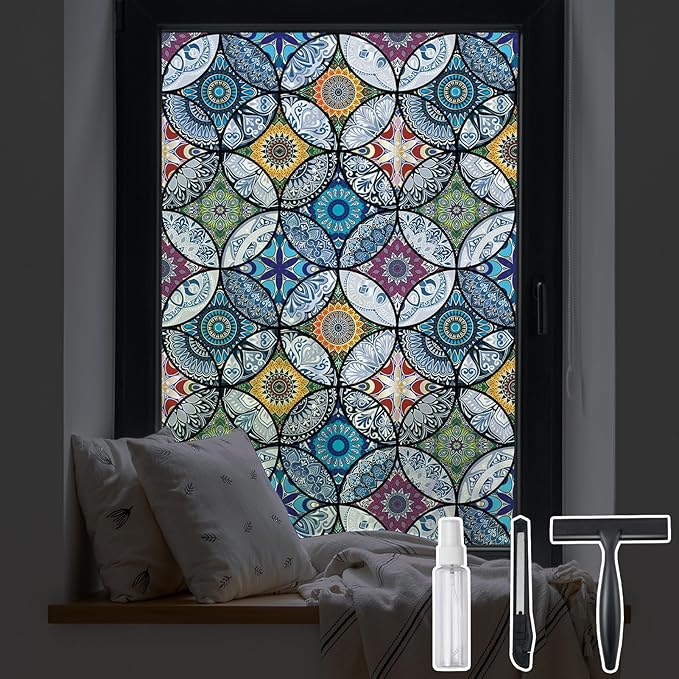DKTIE Static Cling Decorative Window Film with Installation Tools Non Adhesive Privacy Film Stained Glass Window Film for Bathroom Shower Door Heat Cotrol Anti UV 35.4 x 118.1 Inch