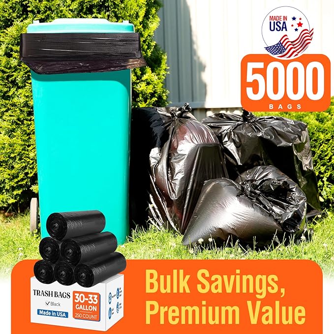 Delxo 30-33 Gallon Trash Bags, 5000 Count – 0.6 Mil Medium Duty Garbage Bags, Durable Plastic Bolsas para basura, Perforated Design– Made in USA for Kitchen, Yard, Office (Black)
