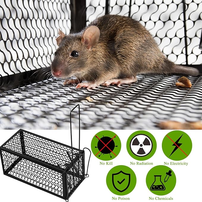 Qualirey 1 Pcs Humane Rat Trap Chipmunk Rodent Mouse Squirrel Trap 9.1 x 4.5 x 4.5 Inches Live Animal Mouse Voles Hamsters Live Cage Rat Cage for Mice Easy to Catch and Release (Black)