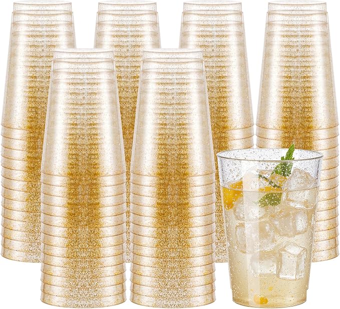 supernal 10oz 100pcs Gold Glitter Plastic Cups,Disposable Glitter Cups,Plastc Disposable Glasses,Plastic Drinking Tumblers for Party,Birthday,Wedding,Holiday