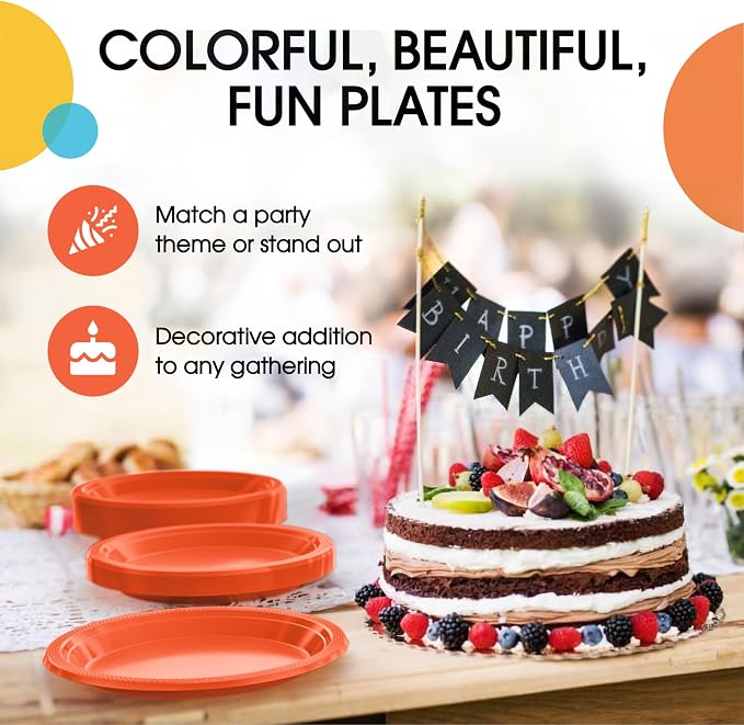 Exquisite Party Solids Orange Plates Disposable Orange Plastic Plates 100 Pieces - 50-7" & 50-9" Heavy Duty 350 GSM Disposable Dinnerware Sets, Plastic Dinnerware Sets