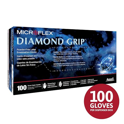 Ansell Microflex Diamond Grip MF-300 Disposable Latex Gloves for Automotive, Machinery Industries - Large, Natural Clear Large (Pack of 200)