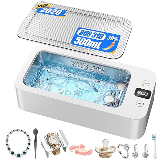Ultrasonic Jewelry Cleaner,50Khz Ultrasonic Cleaner Machine,17oz 316SUS Tank,5 Cleaning Modes,Suitable for Jewelry, Eyeglasses, Rings, Watch Bands, and Dentures (White)
