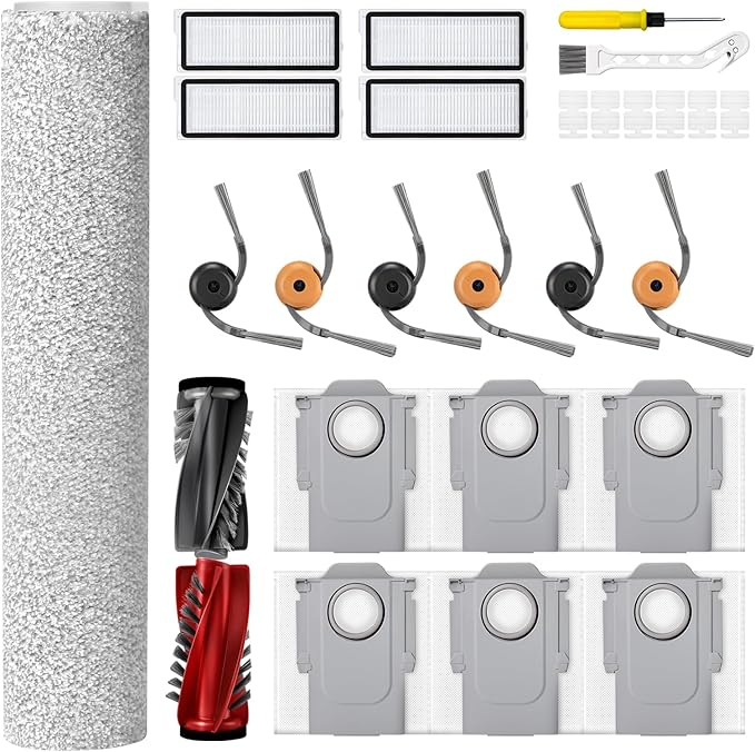 27 Pcs Qrevo Curv 2 Replacement Accessories Compatible with Qrevo Curv 2 Flow Robot Vacuum, 1 Set Mainbrush, 1 Roller Mop, 6 Scent Tablets, 4 HEPA Filters, 6 Dust Bags, 6 Side Brushes