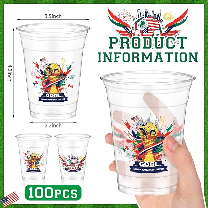 Jingmore 100 Pcs Soccer Plastic Cups 12 oz International Countries Soccer Disposable Plastic Cups Thick Clear Drinkware for Sports Games Party Supplies (Goal Trophy)