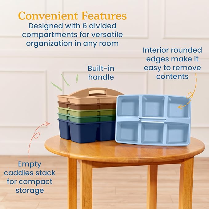 ECR4Kids 6-Compartment Large Plastic Caddy, Multipurpose Organization, Earthtone, 6-Pack