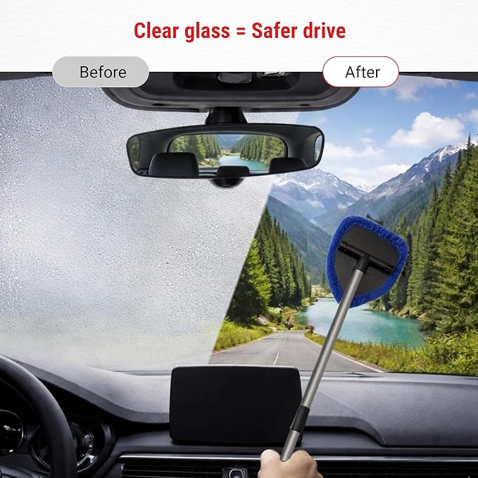 The 360° Total Windshield Cleaning KIT with car Window Squeegee, Interior Windshield Cleaner, Microfiber Cloth, Pads & Cleaning Solution - Interior & Exterior Cleaner