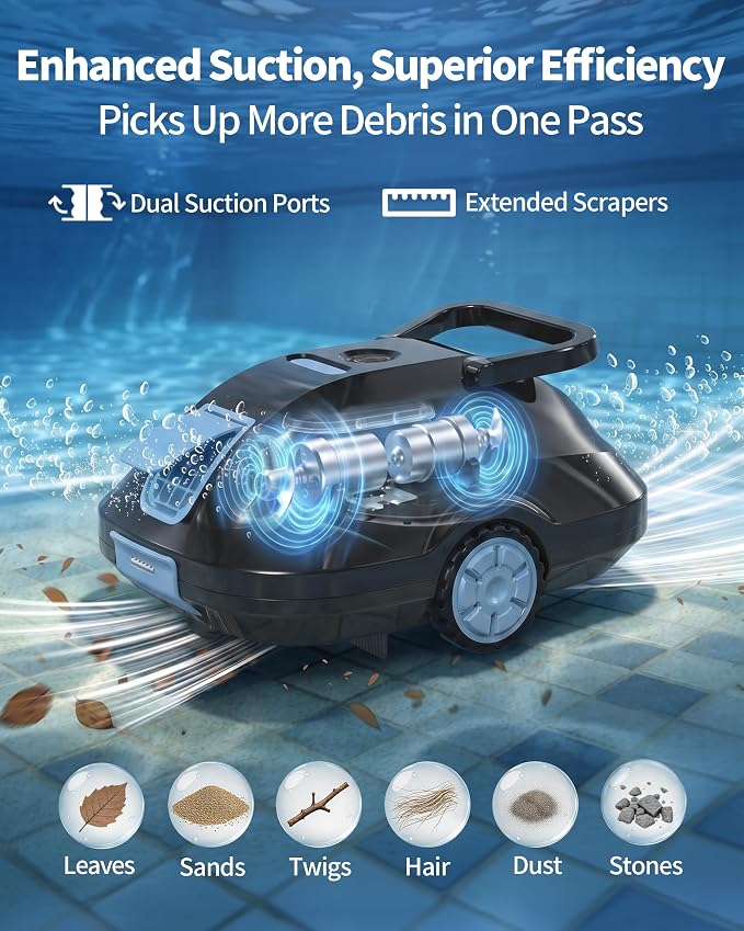(2026 Upgrade) Robotic Pool Cleaner -Up to 250-Min Cordless Automatic Pool Vacuum Robot for Above Ground & Inground Pools -Powerful Suction Self-Parking for Swimming Pool up to2200 Sq. Ft -Black