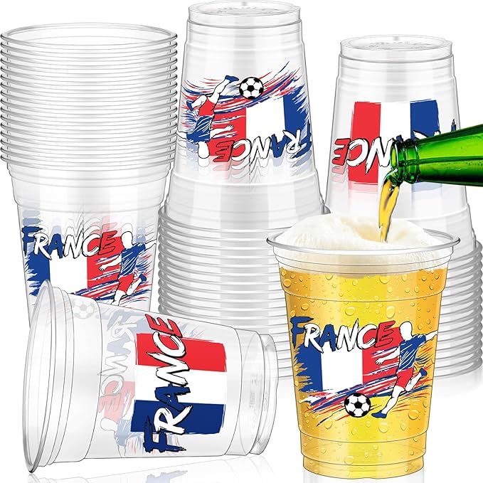 Jingmore 50 Pcs Soccer Plastic Cups 12 oz International Countries Soccer Disposable Plastic Cups Thick Clear Drinkware for Sports Games Party Supplies (France)