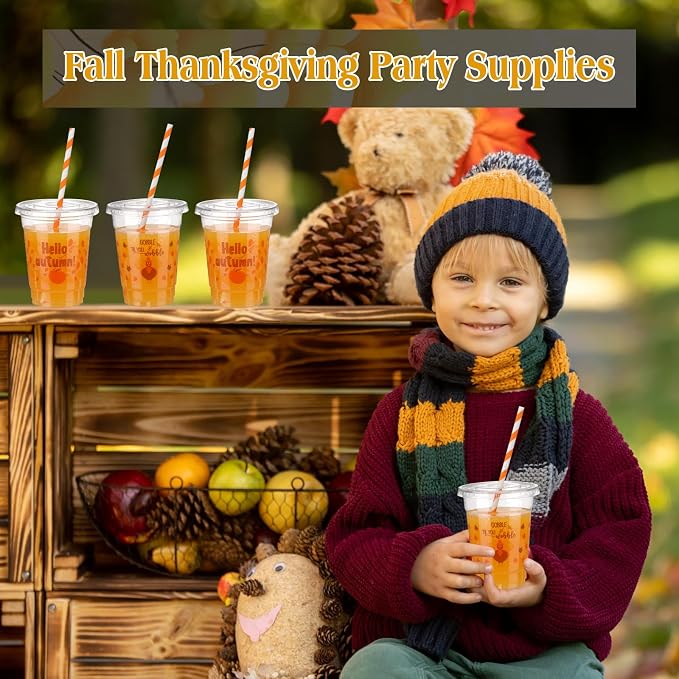 Yaomiao 300 Pcs 12 oz Thanksgiving Day Plastic Cups with Lids and Straw Fall Plastic Party Cups Thanksgiving Disposable Clear Tumbler Hello Party Turkey Pumpkin Drinking Tumbler Set for Autumn Supply