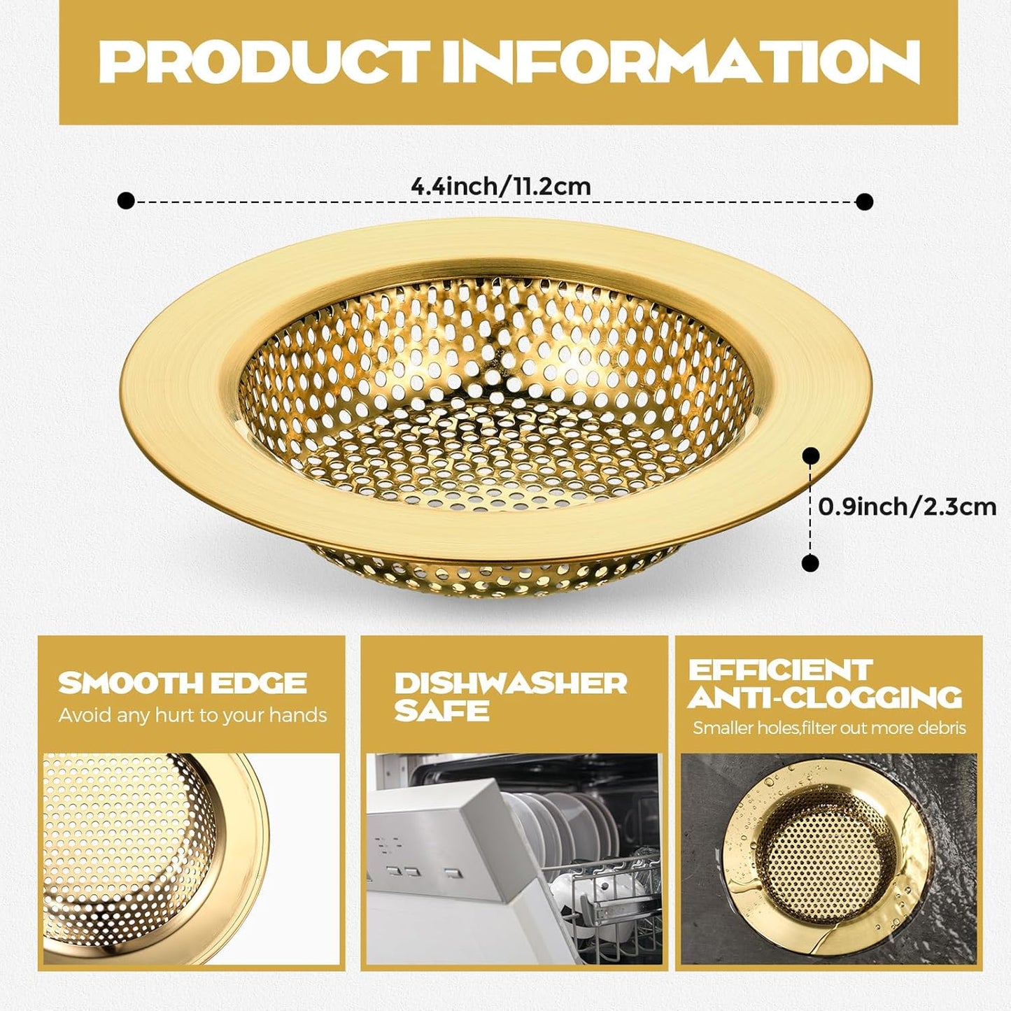 Retisee 2 Pcs Sink Strainer Stainless Steel Kitchen Sink Drain Strainer Basket Cover Mesh Hair Food Catcher, Large Wide Rim of 4.4 Diameter(Brushed Gold)