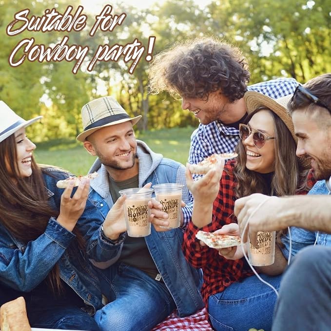100 Pcs Western Cowboy Plastic Cups 12 oz Brown Howdy Disposable Plastic Cowboy Drinking Cups Bulk for Western Boho Preppy Baby Shower Birthday Wild West Party Decoration Supplies