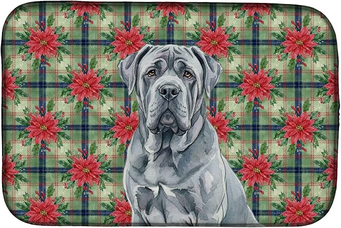 Caroline's Treasures Blue Neapolitan Mastiff Christmas PoinsettIas Dish Drying Mat Absorbent Dish Drying Mat Pad for Kitchen Counter Dish Drainer Mat for Countertop, 14 x 21", Multicolor