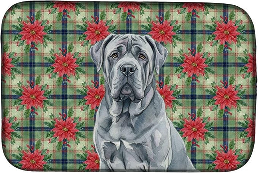 Caroline's Treasures Blue Neapolitan Mastiff Christmas PoinsettIas Dish Drying Mat Absorbent Dish Drying Mat Pad for Kitchen Counter Dish Drainer Mat for Countertop, 14 x 21", Multicolor