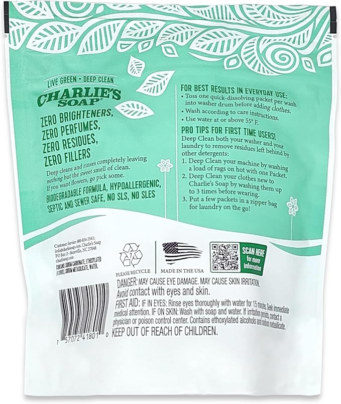 Charlie’s Soap – Fragrance Free Powdered Laundry Detergent Packets – 30 Pods (1 Pack)…
