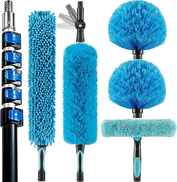 36 Foot High Ceiling Fan Duster with 5-30ft Extension Pole, Extendable Reusable Cobweb, Feather, Window Cleaning Squeegee Kit