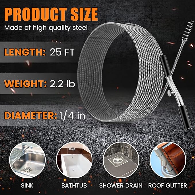 Threlaco 50 ft Drain Auger Plumbing Snake for Heavy Deep Blockages 1/4" Diameter Flexible Plumbing Cables Drain Snake for Kitchen Bathroom Shower Sink Cleaning Drainage Clogs