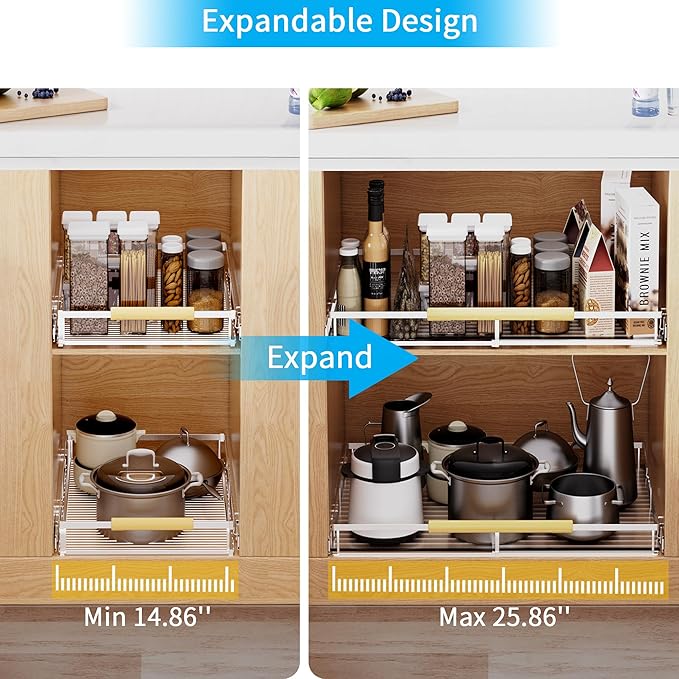 Expandable Pull Out Drawer Cabinet Organizer, Adjustable Width Bottom-Mounted Slide Out Storage Shelves for Cabinets, Required Cabinet Size (14.86"~25.86", D≥22.5"), 2 Pack
