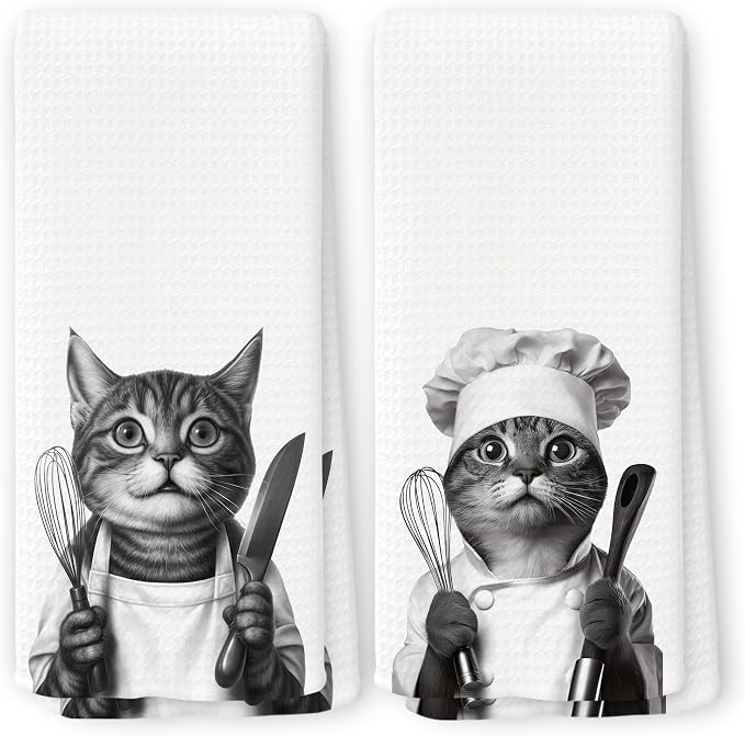 Funny Chef Cat Kitchen Towels Set of 2, Cat Mom Lady Lovers Owner Gifts for Women Dish Tea Towels for Kitchen, Gifts for Pet Lovers Decorative Hand Towel, 16x24 Inch