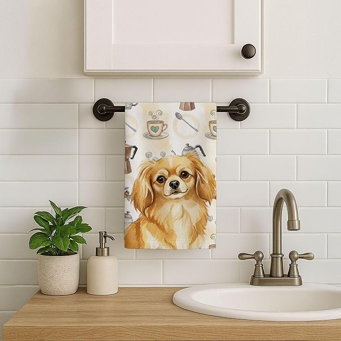 Caroline's Treasures Gold Tibetan Spaniel Coffee Bar Kitchen Towel Velour Plush Front and Cotton Loop Back Machine Washable