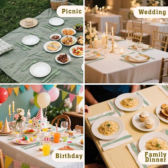 150 PCS Sage Green Plastic Silverware Heavy Duty Utensil Sets Include 50 Disposable Forks, 50 Knives, 50 Spoons for Birthday, Baby Shower, Picnic, Spring Party, Wedding