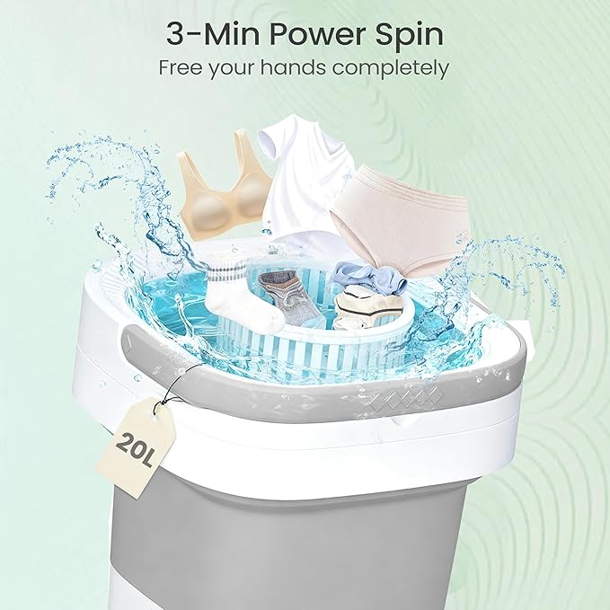 Portable Washing Machine 20L - Mini Washer with Spin Basket, 3 Cleaning Modes & Deep Wash for Small Clothes, Foldable Laundry for Apartment, Home, RV and Travel (Gray)