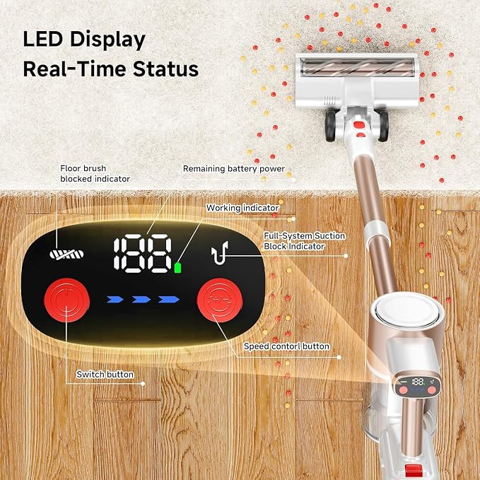 Cordless Vacuum Cleaner, 40Kpa Vacuum Cleaners for Home, Cordless Vacuum with LED Display, 8 in 1 Rechargeable Vacuum (Gold)